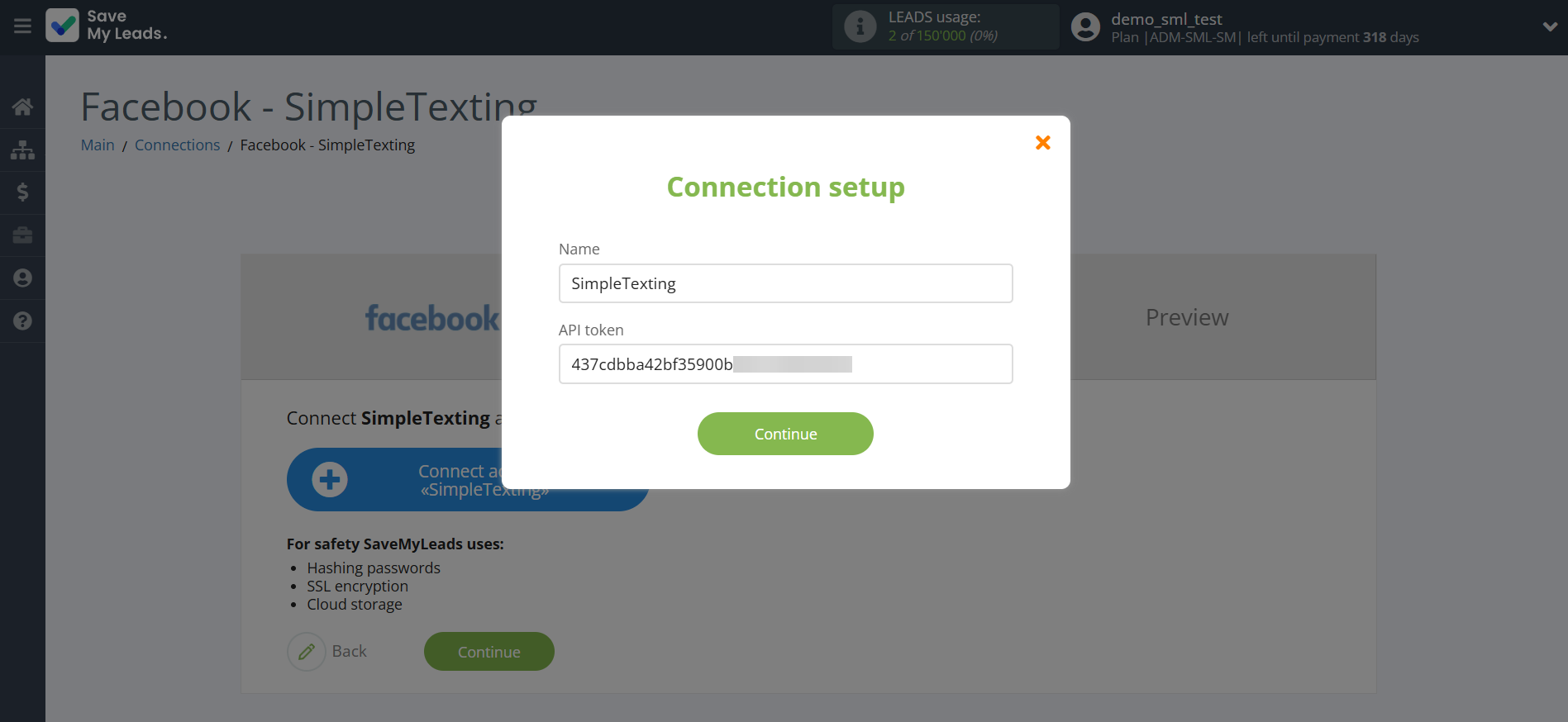 How to Connect Facebook with SimpleTexting | Data Destination account connection