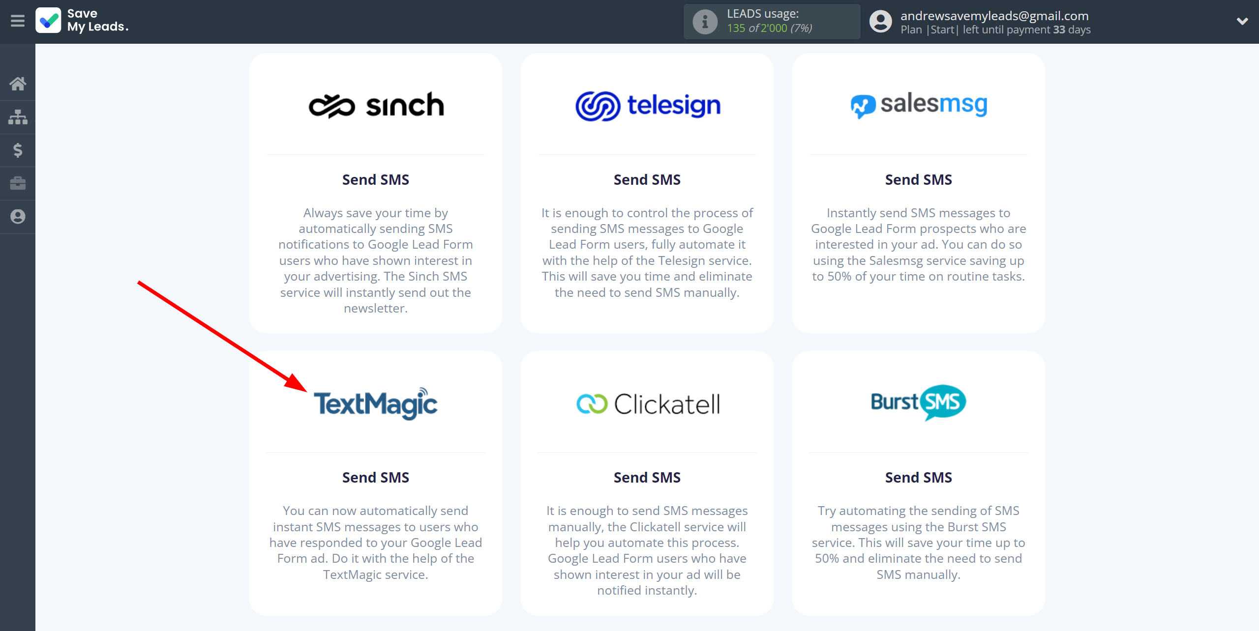 How to Connect Google Lead Form with TextMagic | Data Destination system selection