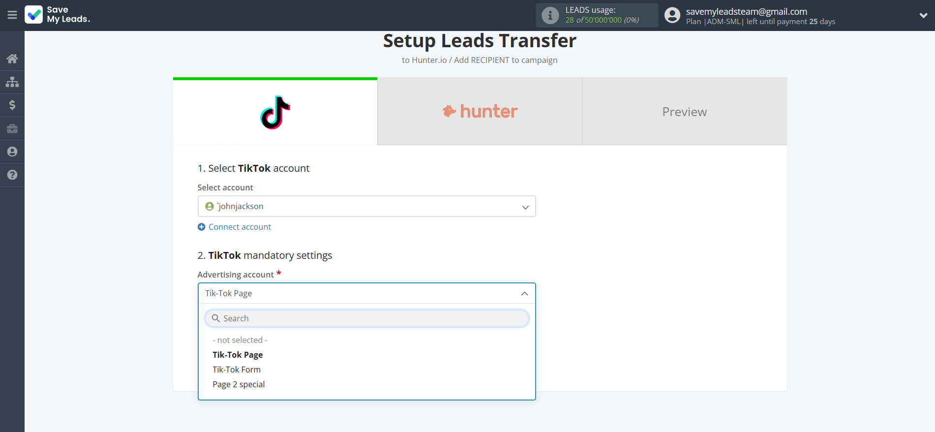How to Connect TikTok with Hunter.io | Data Source account connection