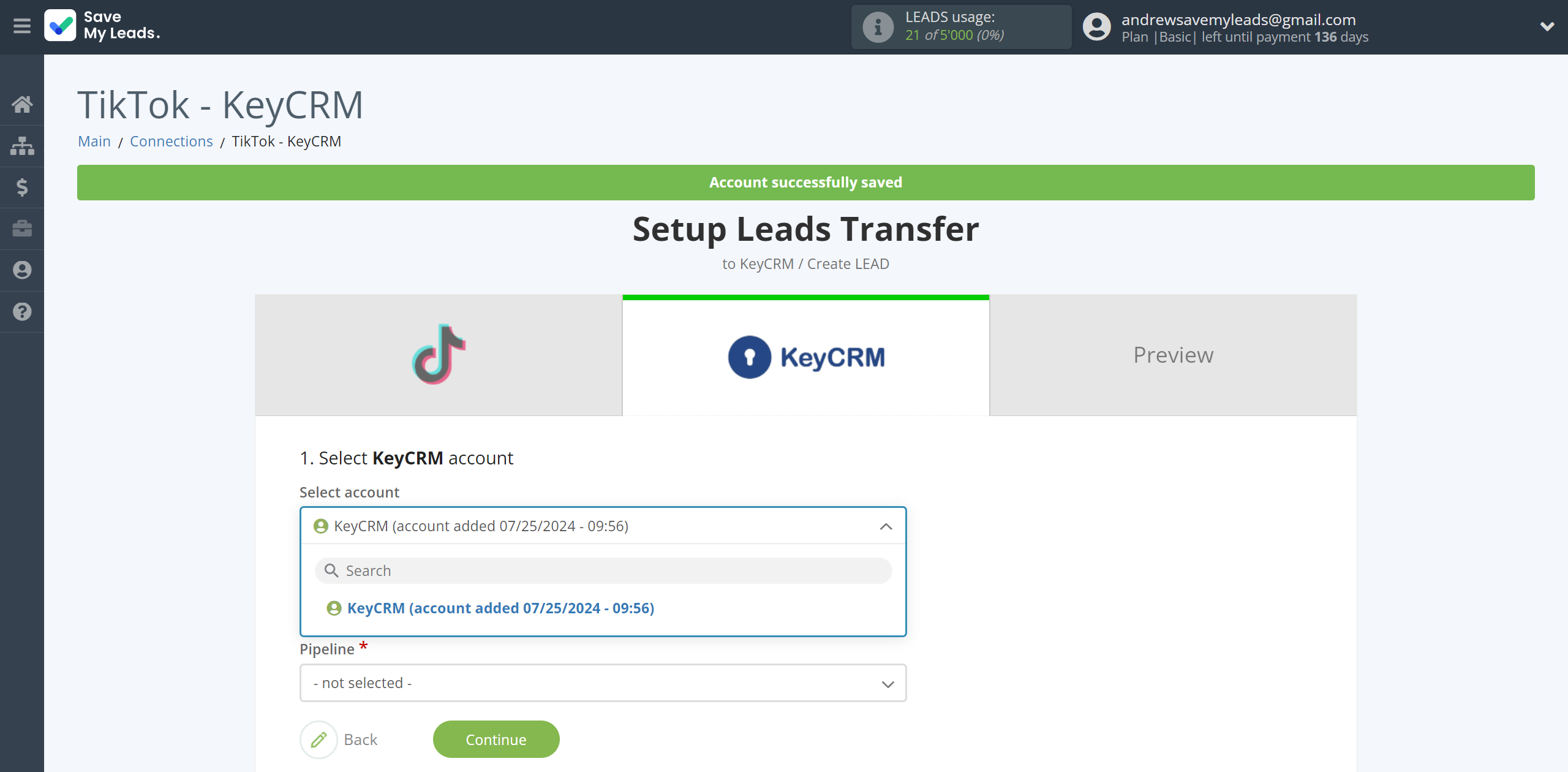 How to Connect TikTok with KeyCRM Create Lead | Data Destination account selection How to Connect TikTok with KeyCRM Create Lead | Data Destination account selection