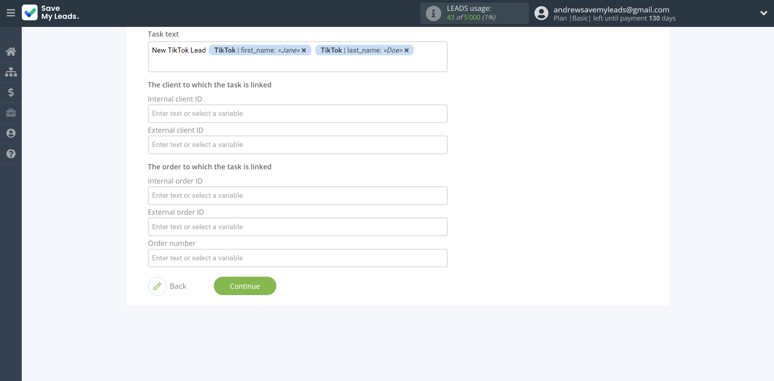 How to Connect TikTok with Simla Create Task | Assigning fields How to Connect TikTok with Simla Create Task | Assigning fields