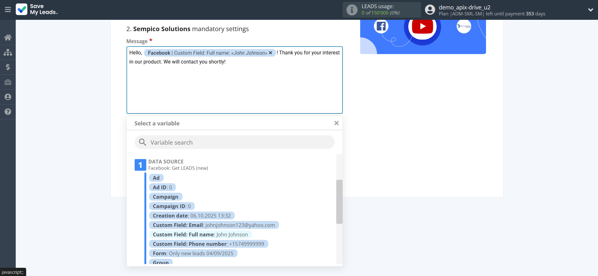 How to Connect Facebook with Sempico Solutions | Assigning fields