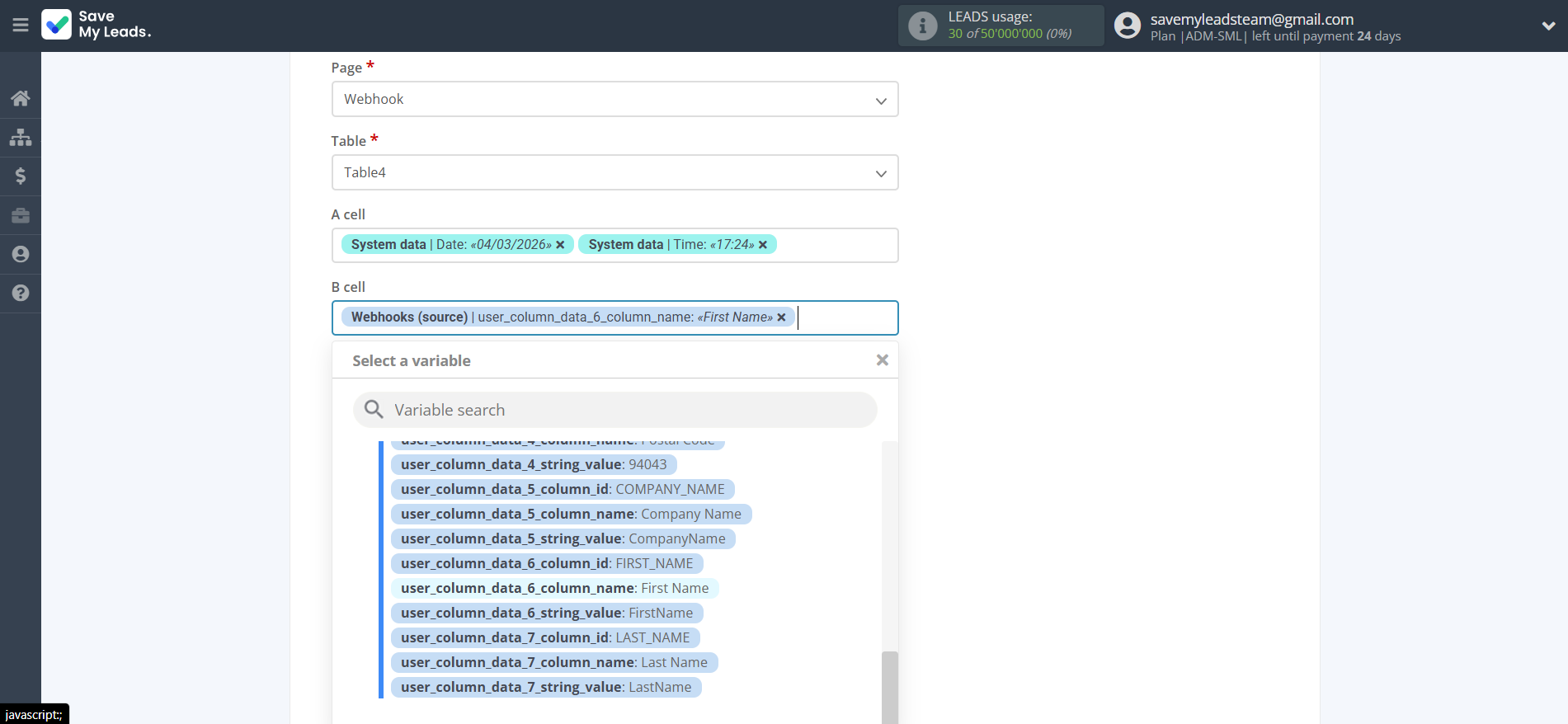 How to Connect Webhooks with Rows Add Row | Assigning fields