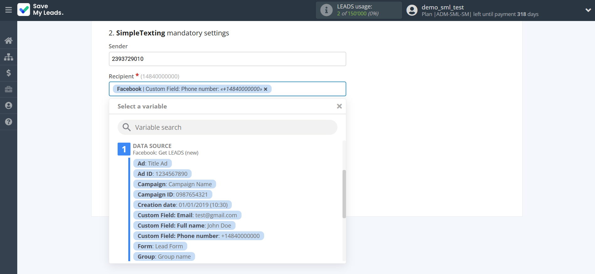 How to Connect Facebook with SimpleTexting | Assigning fields