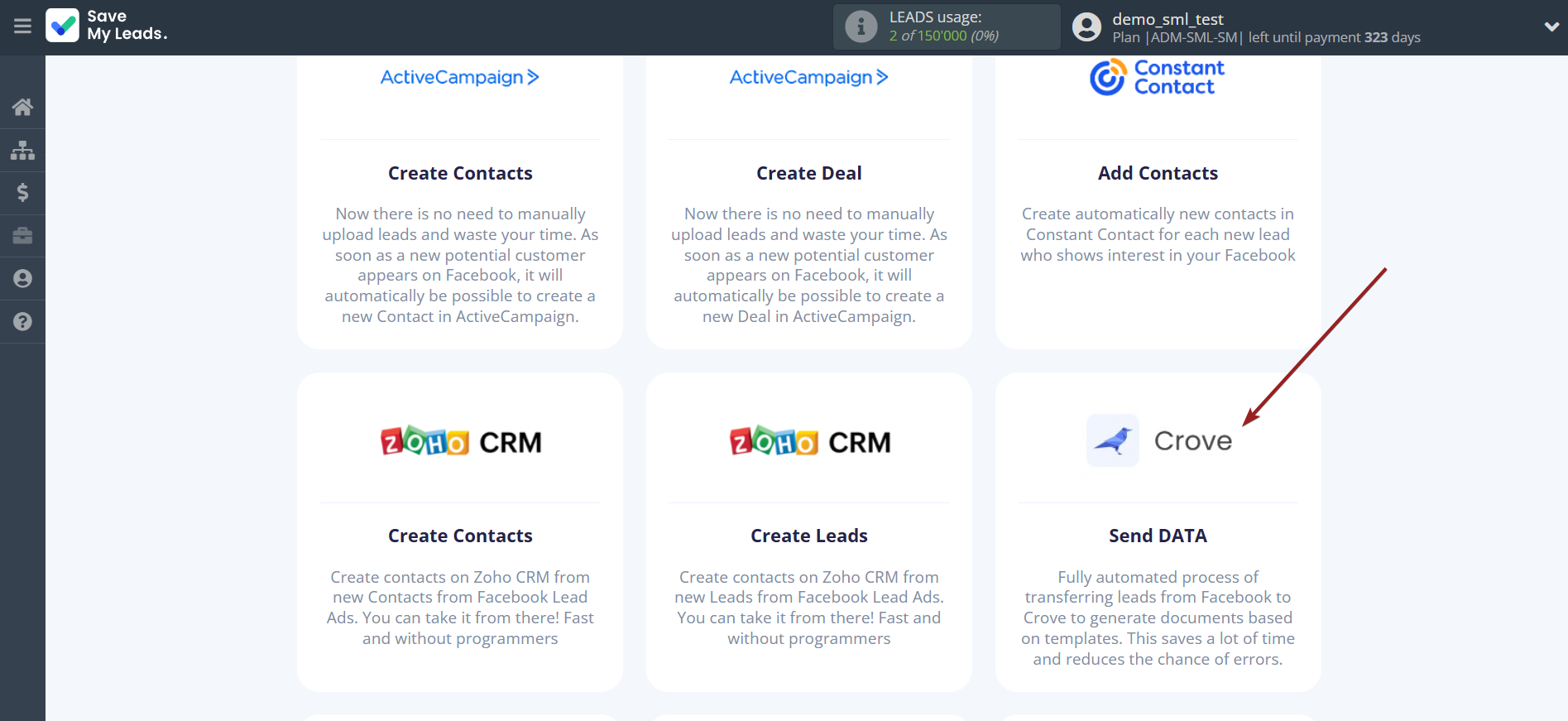 How to Connect Facebook with Crove | Data Destination system selection
