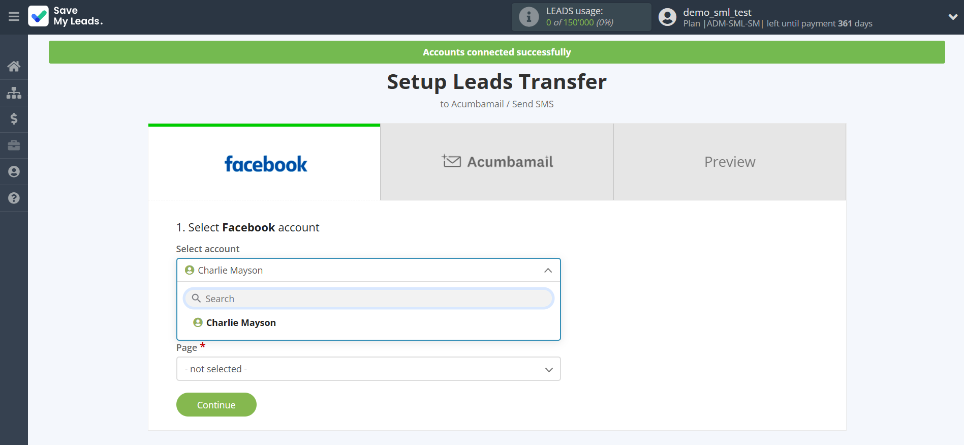 How to Connect Facebook with Acumbamail Send SMS | Data Source account selection How to Connect Facebook with Acumbamail Send SMS | Data Source account selection