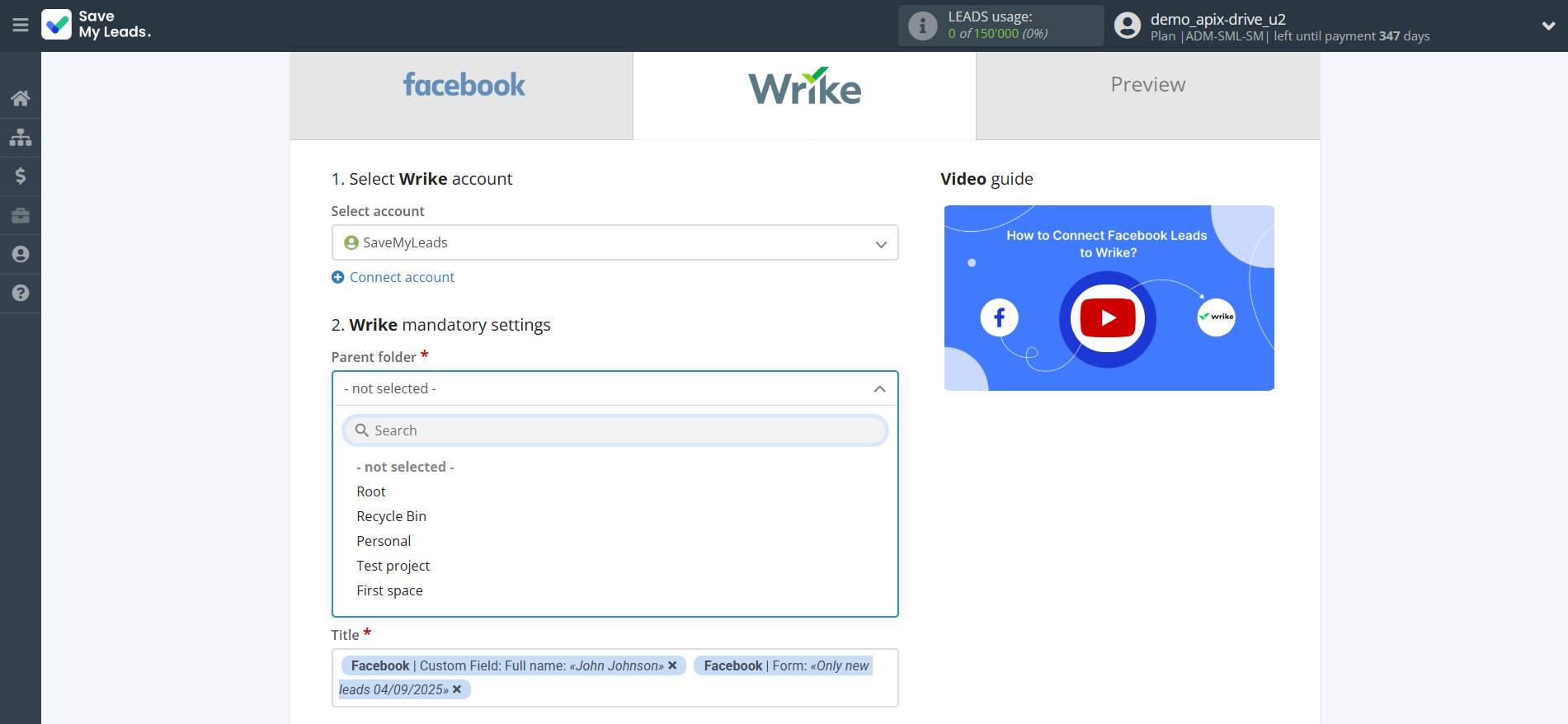 How to Connect Facebook with Wrike | Assigning fields