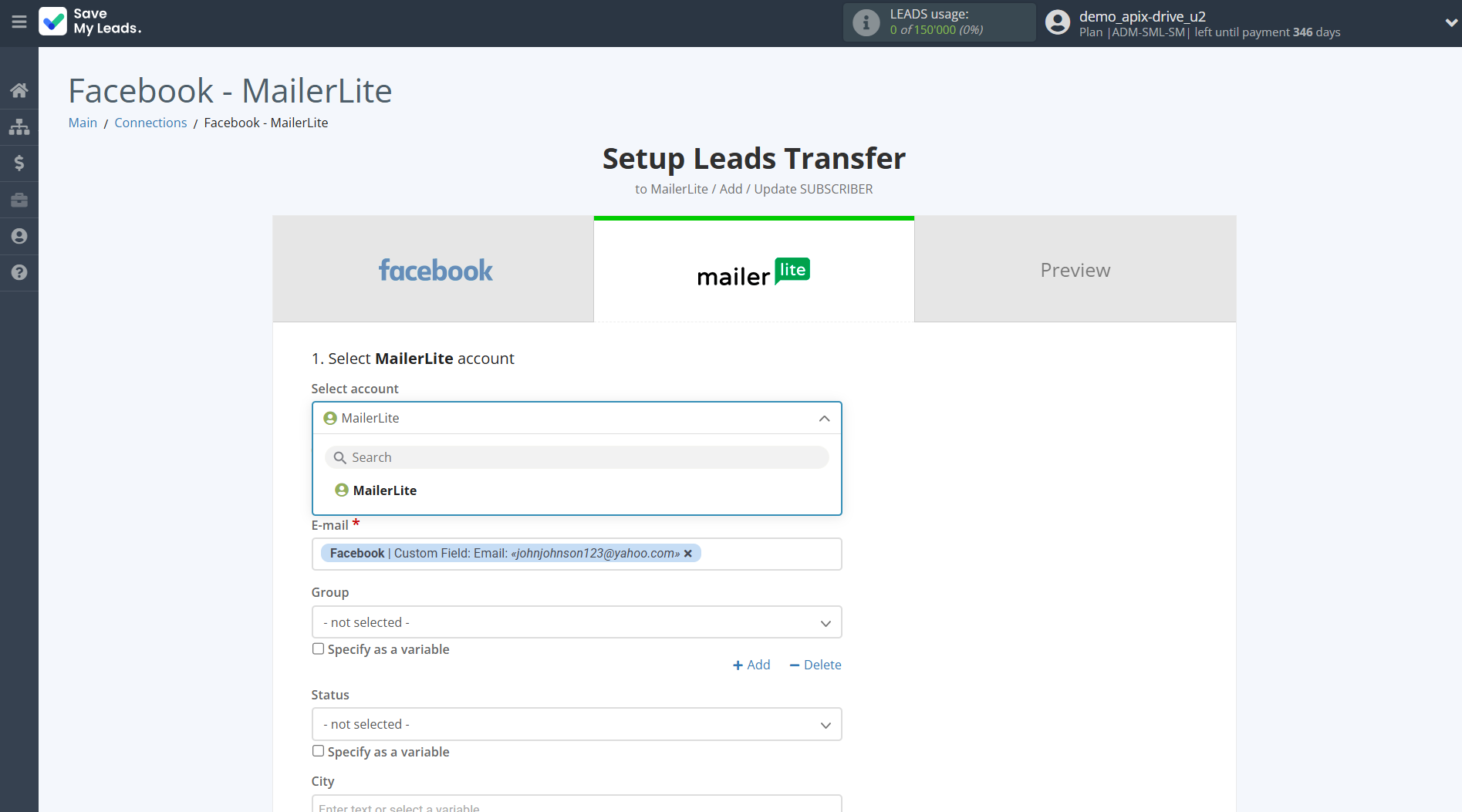 How to Connect Facebook with MailerLite | Data Destination account selection