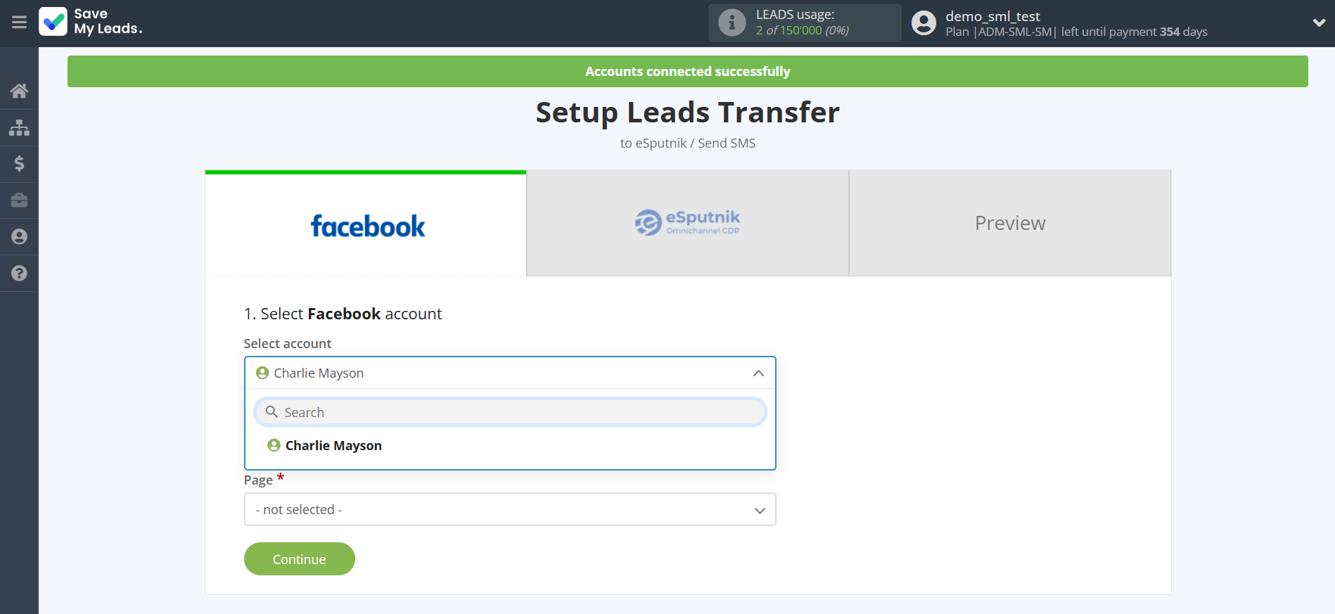 How to Connect Facebook with eSputnik Send SMS | Data Source account selection