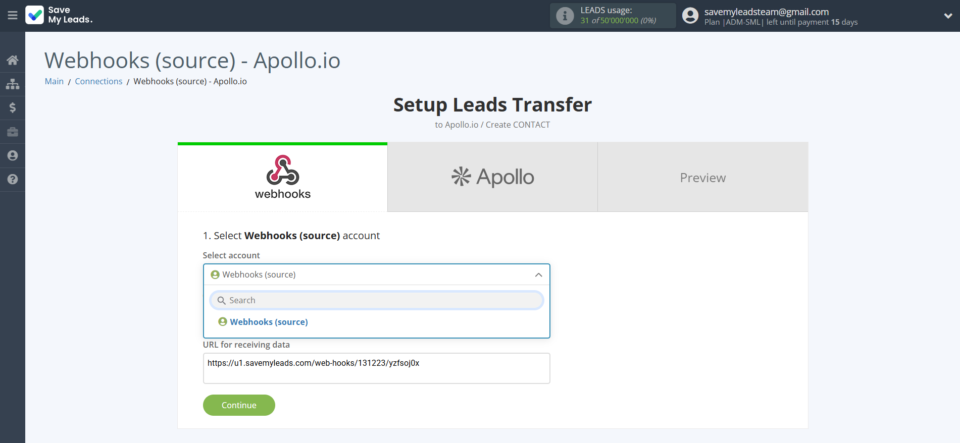 How to Connect Webhooks with Apollo.io Create Contacts | Data Source account selection