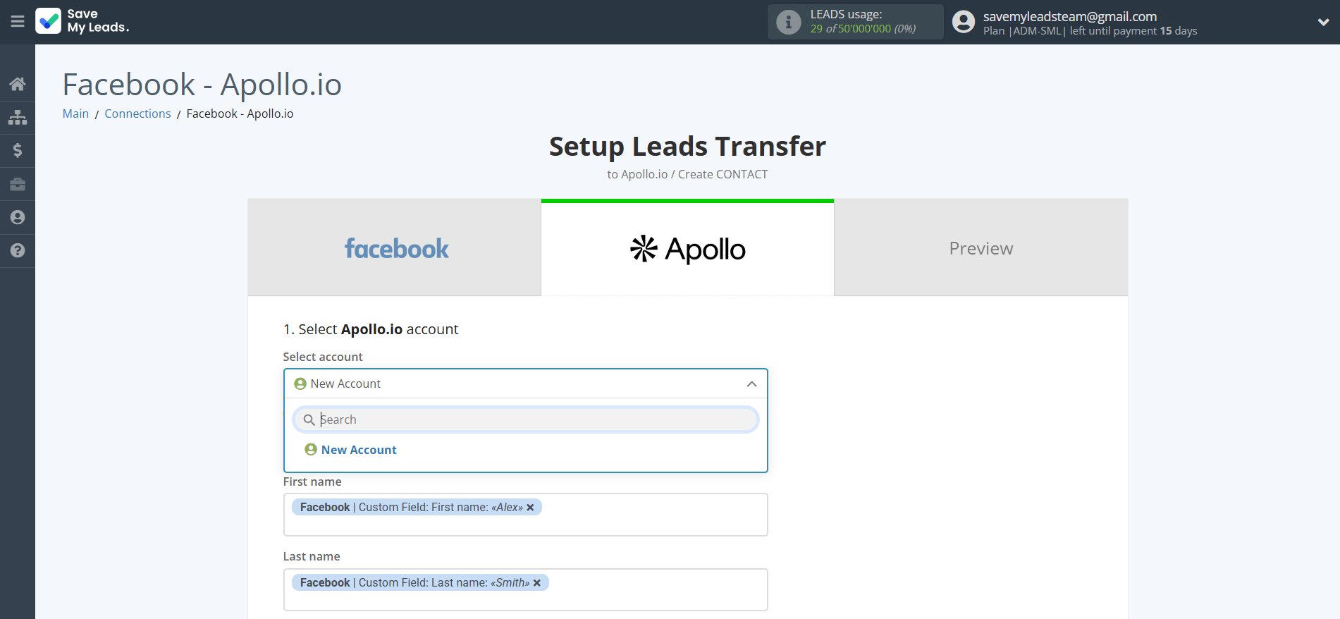 How to Connect Facebook with Apollo.io Create Contacts | Data Destination account selection