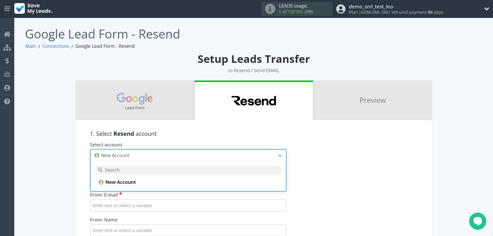 How to Connect Google Lead Form with Resend | Data Destination account selection