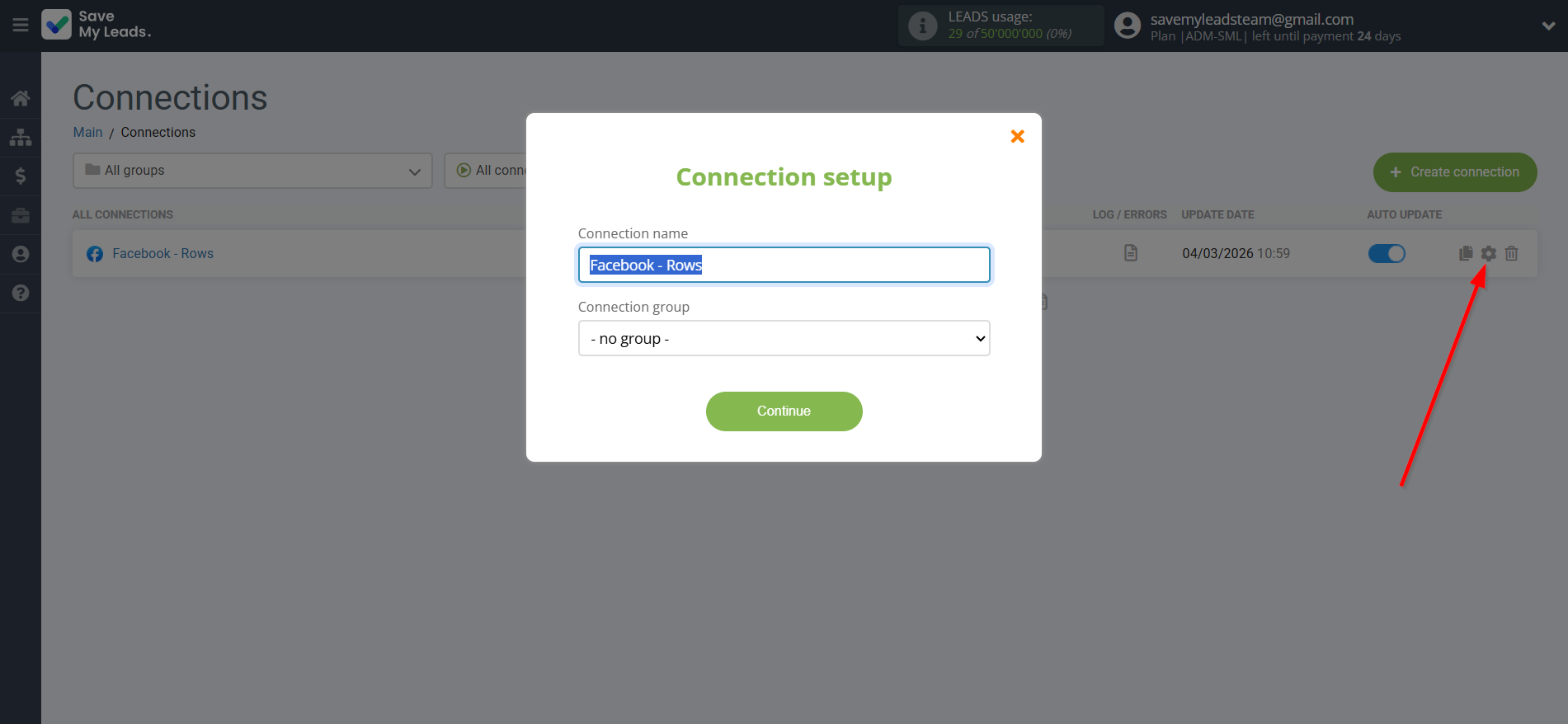 How to Connect Facebook with Rows Add Row | Name and group connection