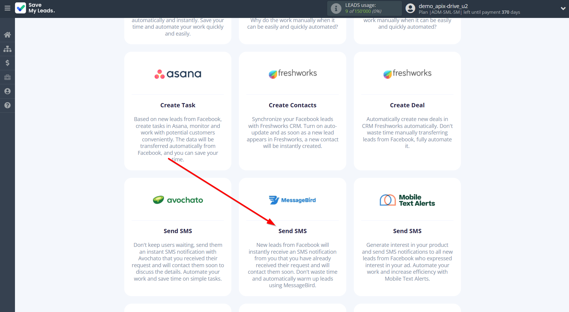 How to Connect Facebook with MessageBird | Data Destination system selection
