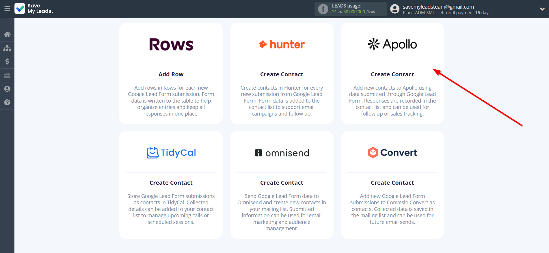 How to Connect Google Lead Form with Apollo.io Create Contacts | Data Destination system selection