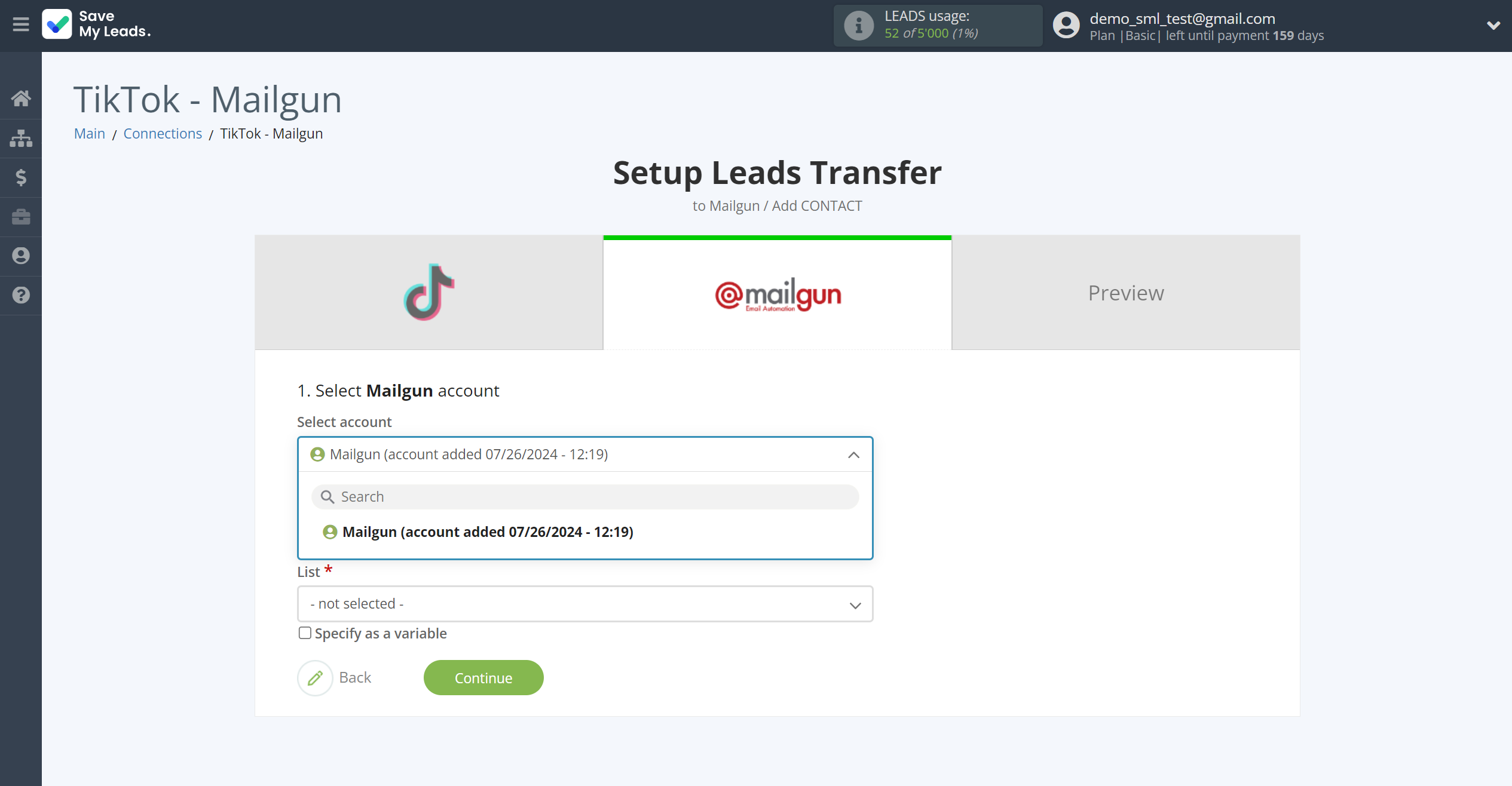 How to Connect TikTok with Mailgun | Data Destination account selection How to Connect TikTok with Mailgun | Data Destination account selection