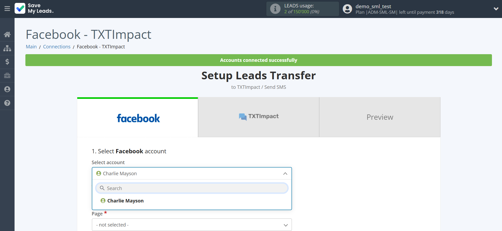 How to Connect Facebook with TXTImpact | Data Source account selection