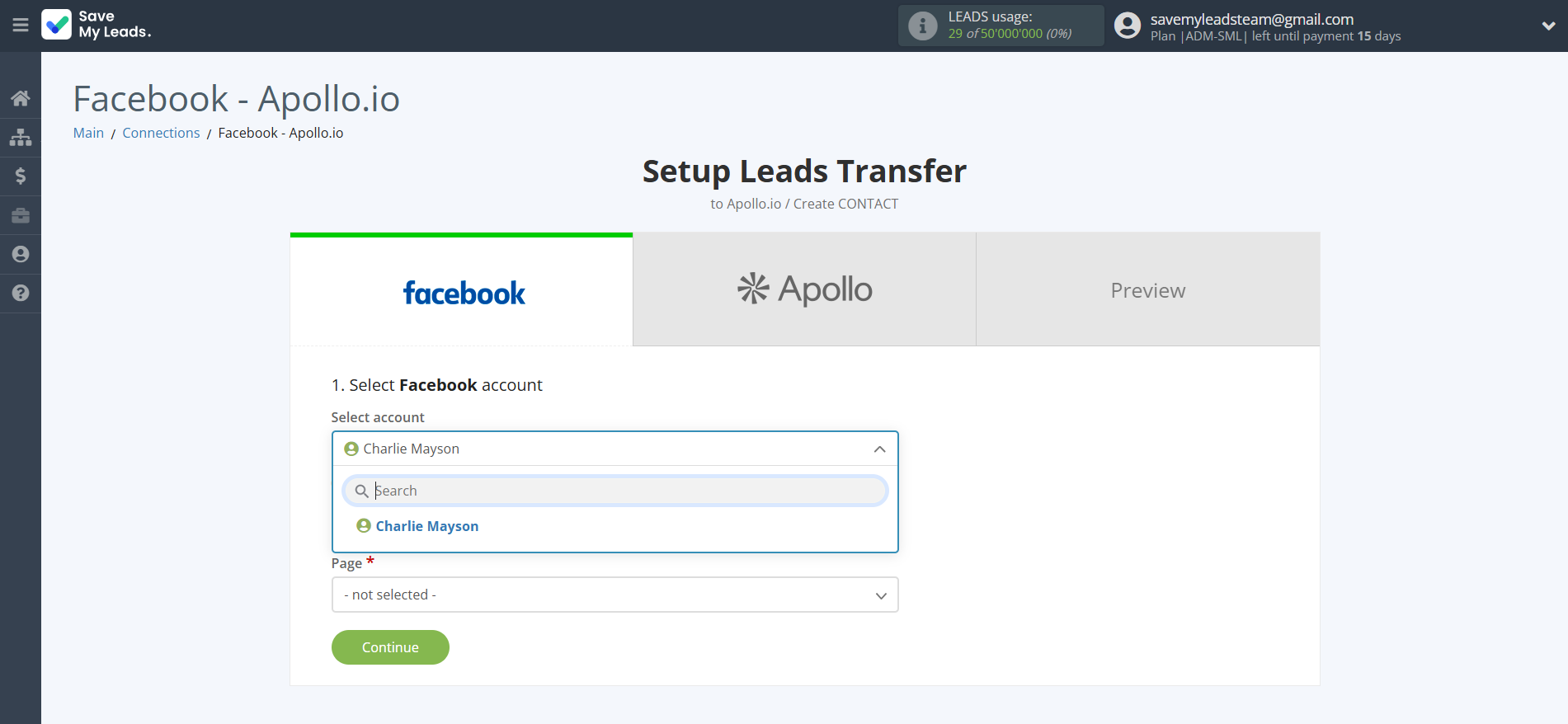 How to Connect Facebook with Apollo.io Create Contacts | Data Source account selection
