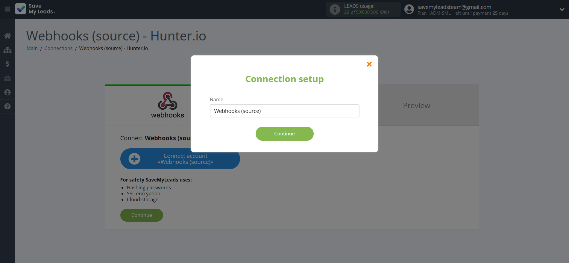 How to Connect Webhooks with Hunter.io | Data Source account connection