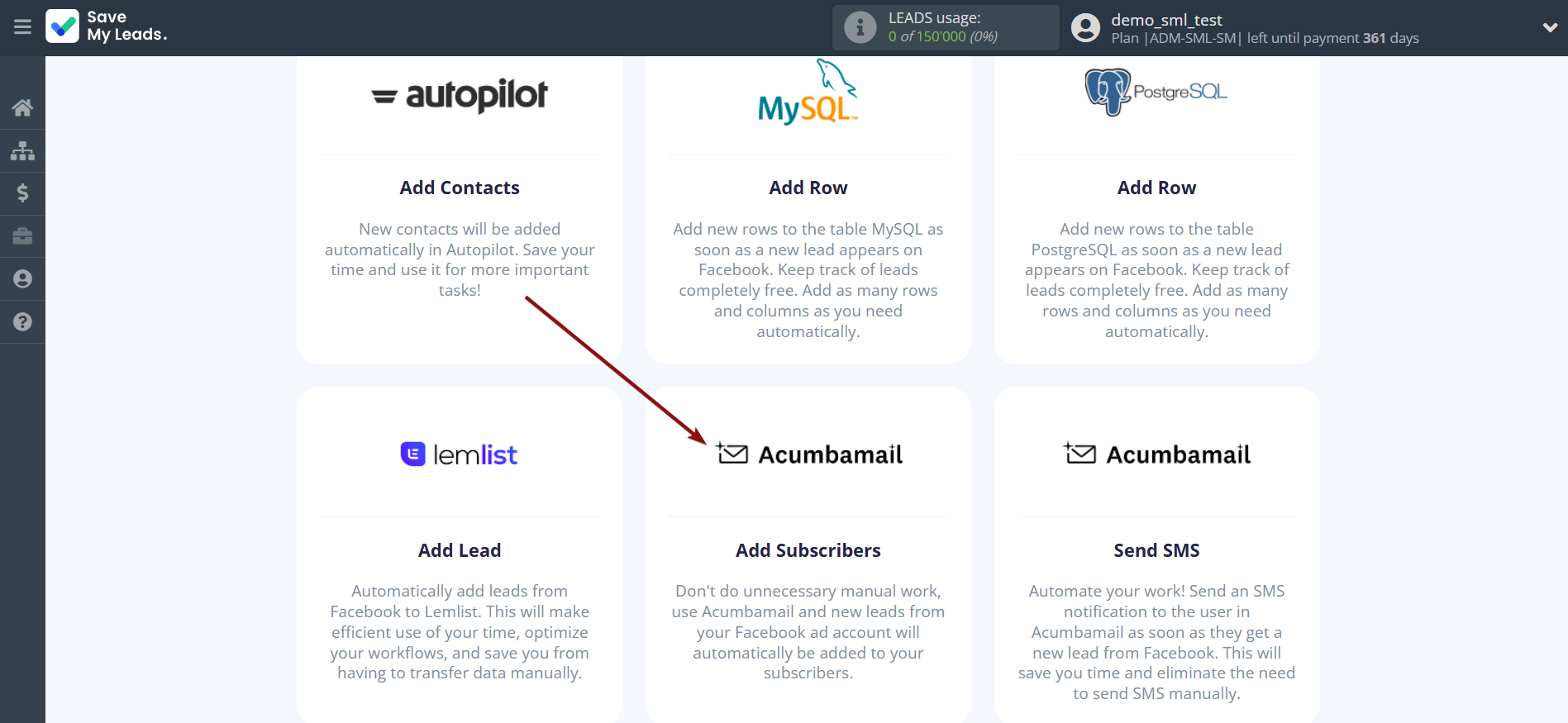 How to Connect Facebook with Acumbamail Add Subscribers | Data Destination system selection How to Connect Facebook with Acumbamail Add Subscribers | Data Destination system selection