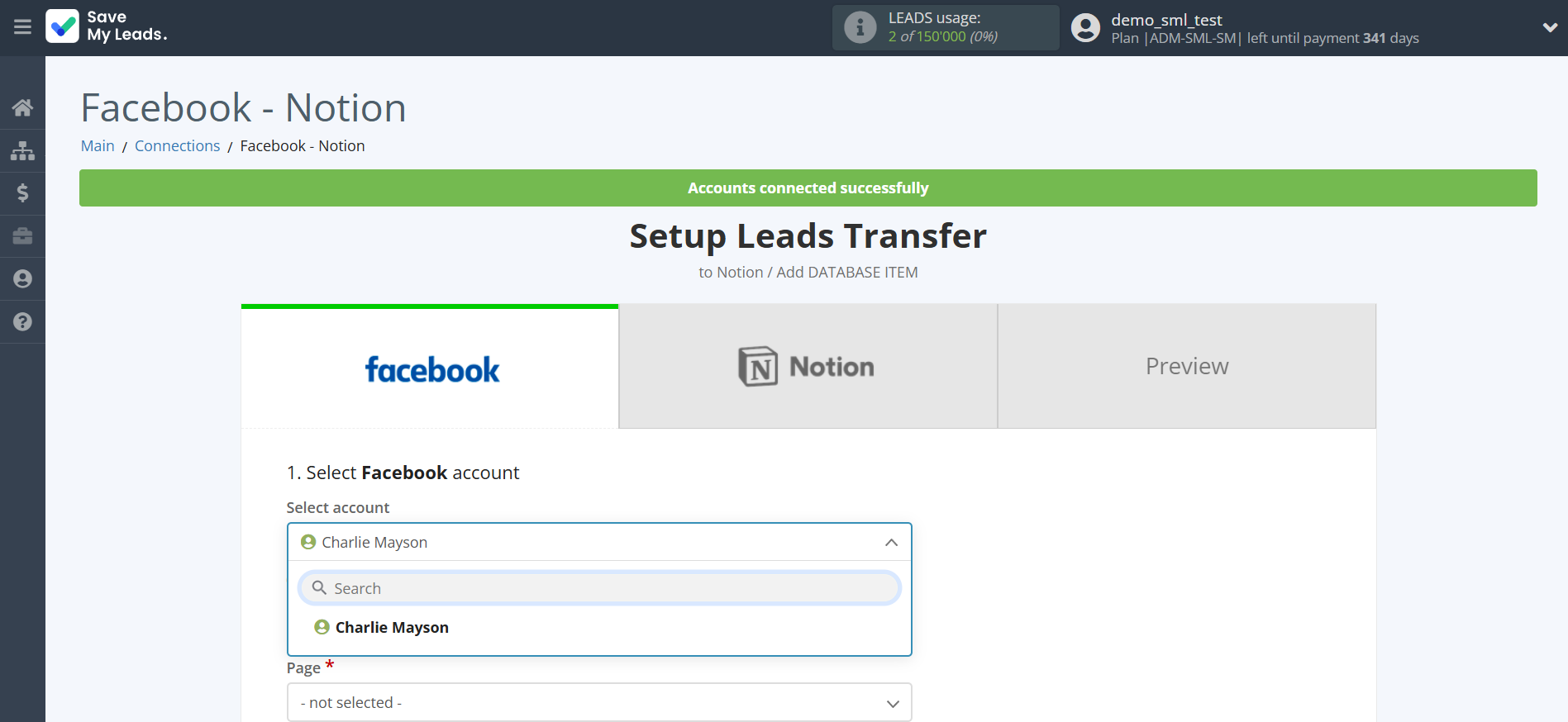 How to Connect Facebook with Notion | Data Source account selection