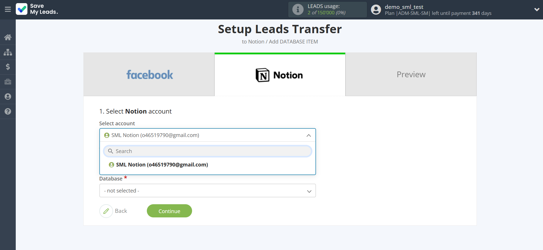 How to Connect Facebook with Notion | Data Destination account selection