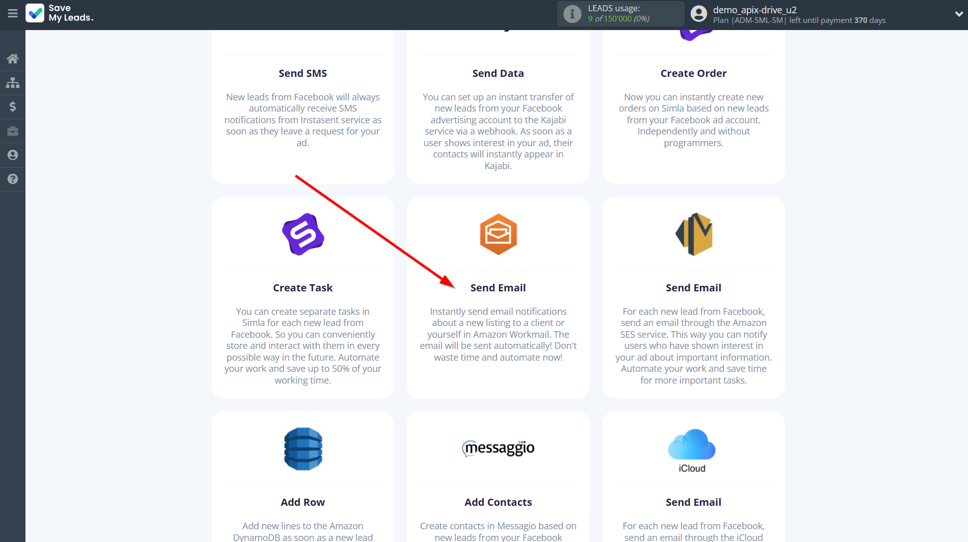 How to Connect Facebook with Amazon Workmail | Data Destination system selection