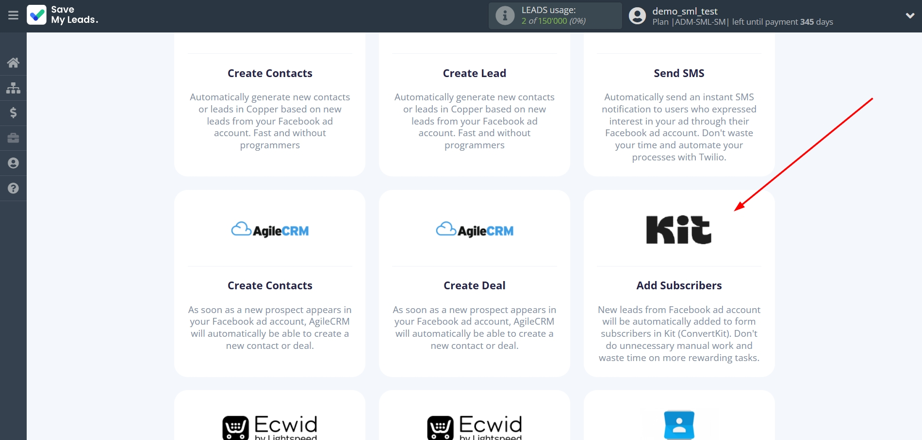 How to Connect Facebook with Kit (ConvertKit) | Data Destination system selection