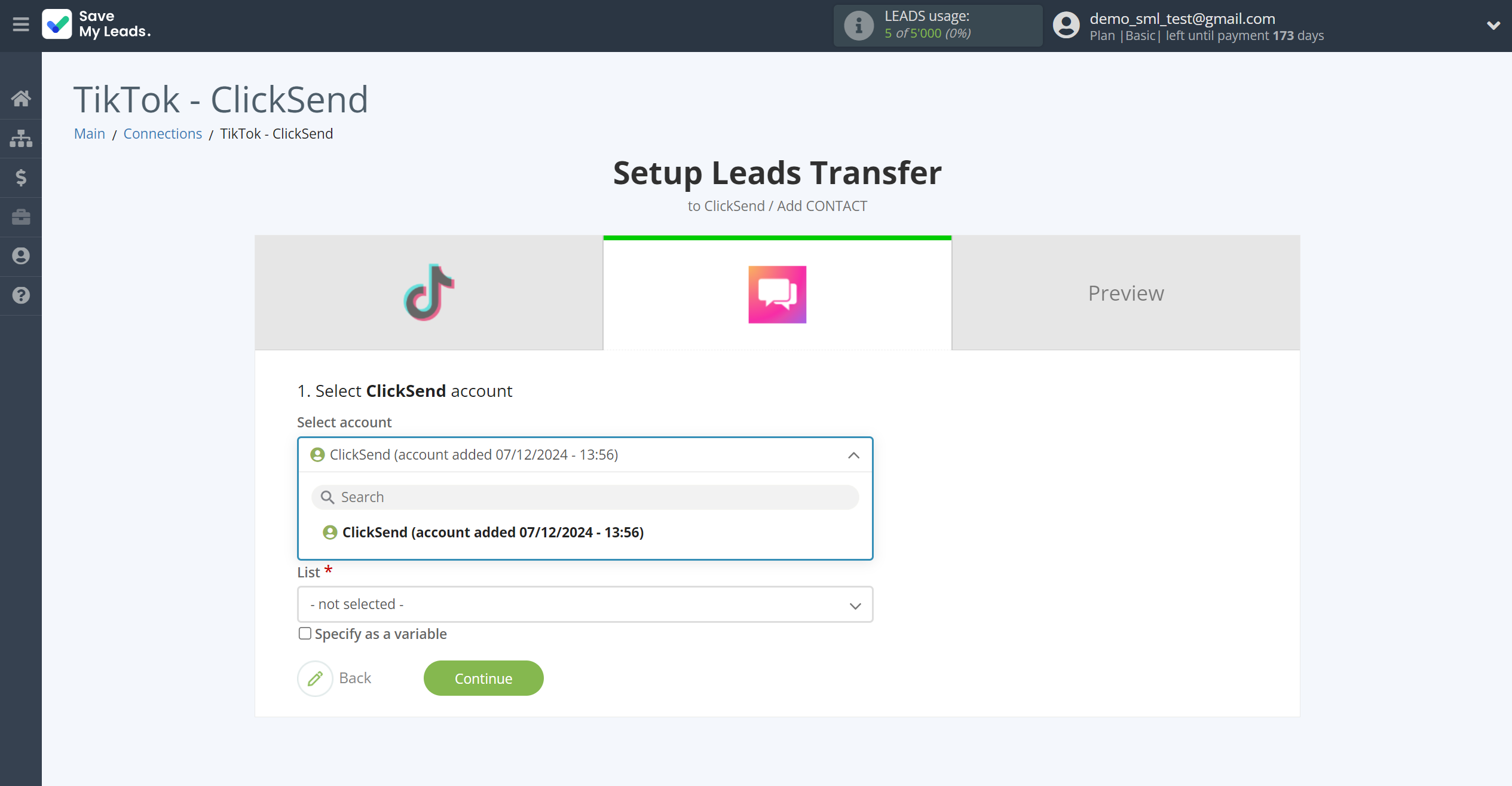How to Connect TikTok with ClickSend Add Contacts | Data Destination account selection How to Connect TikTok with ClickSend Add Contacts | Data Destination account selection
