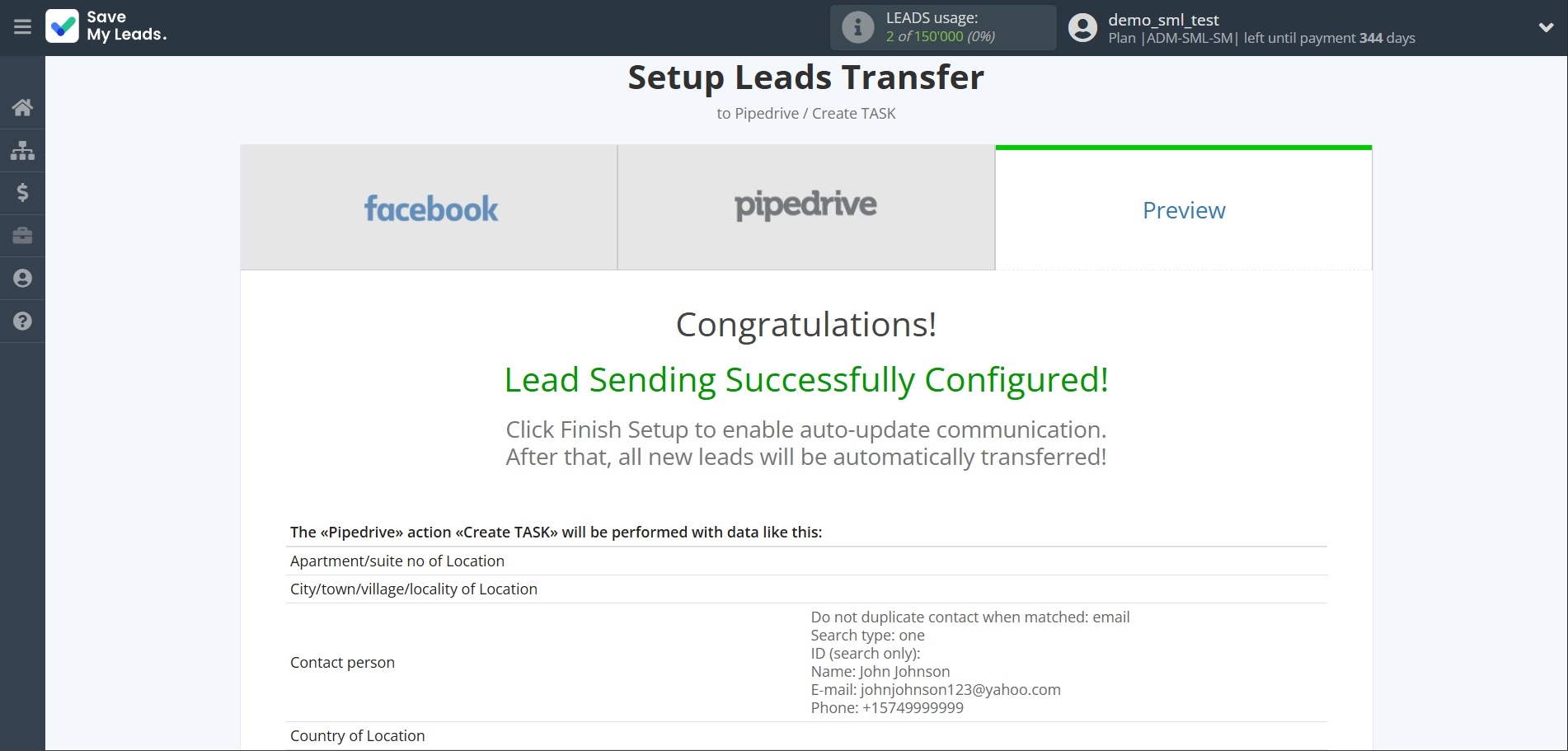 How to Connect Facebook  with Pipedrive Create Task | Test data
