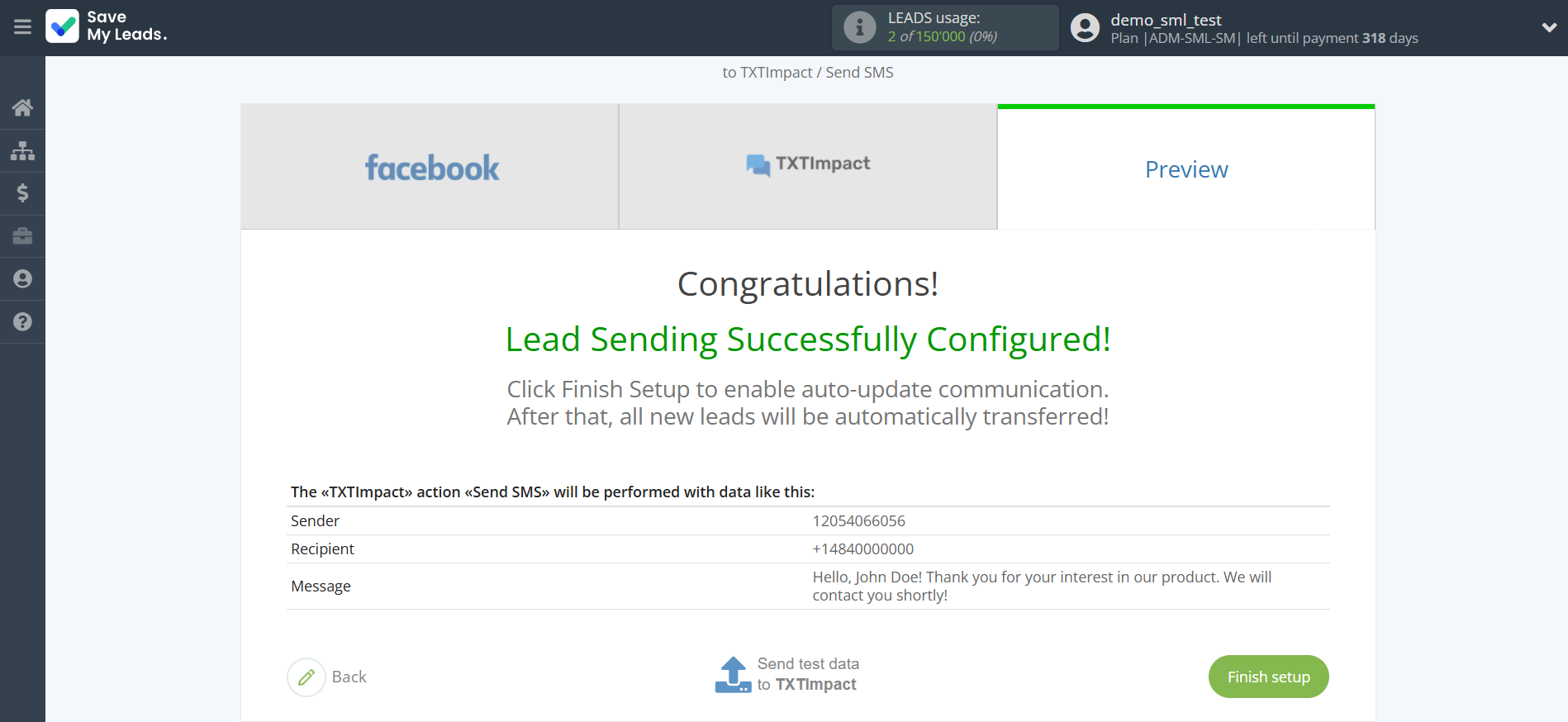 How to Connect Facebook with TXTImpact | Test data