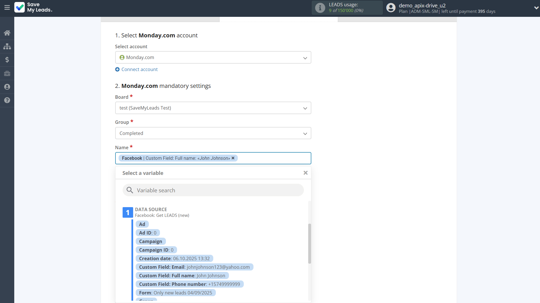 How to Connect Facebook with Monday.com | Assigning fields