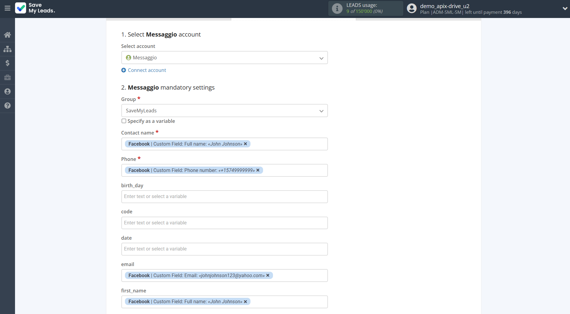 How to Connect Facebook with Messaggio | Assigning fields