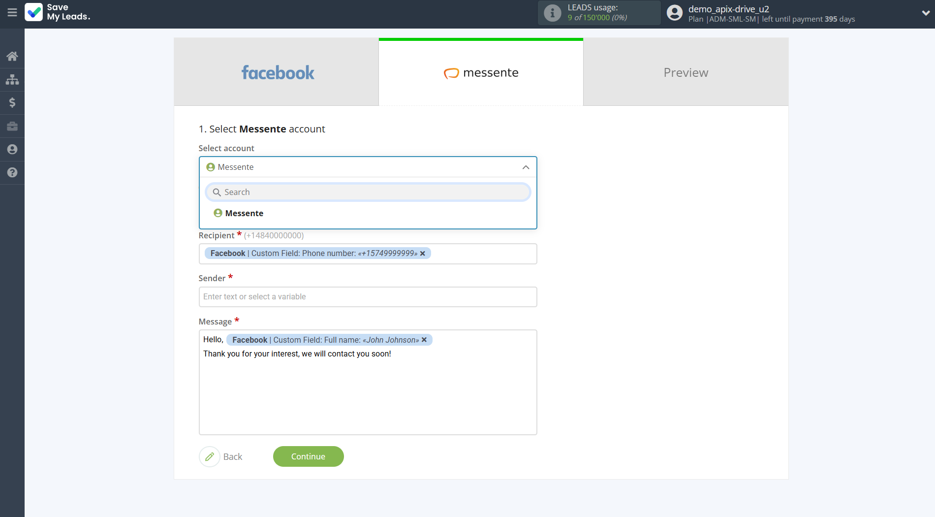 How to Connect Facebook with Messente | Data Destination account selection