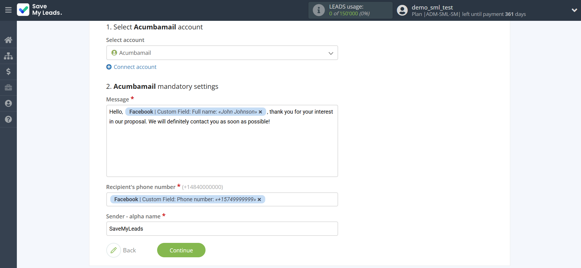 How to Connect Facebook with Acumbamail Send SMS | Assigning fields How to Connect Facebook with Acumbamail Send SMS | Assigning fields