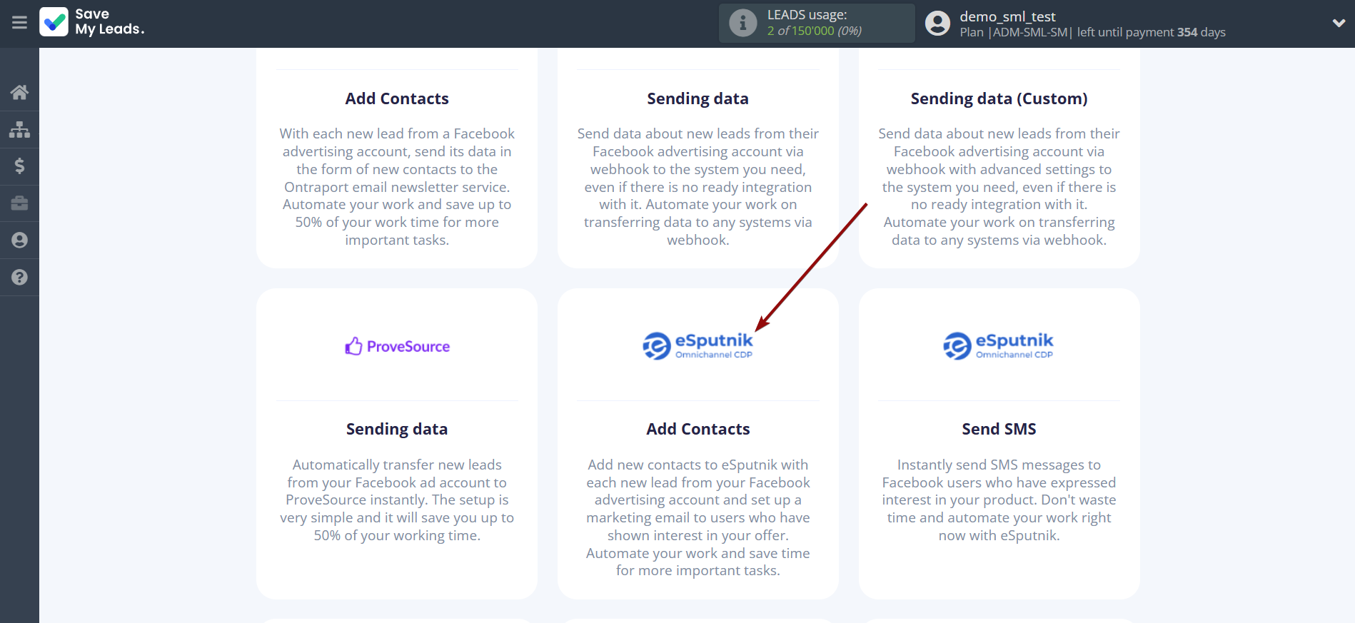 How to Connect Facebook with eSputnik Add Contacts | Data Destination system selection