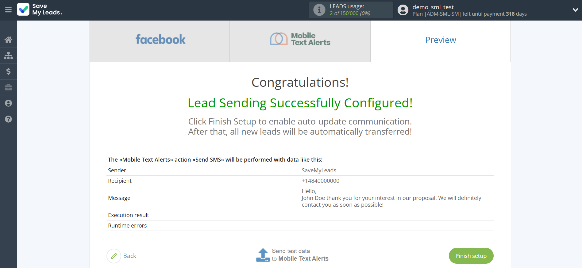 How to Connect Facebook with Mobile Text Alerts | Test data