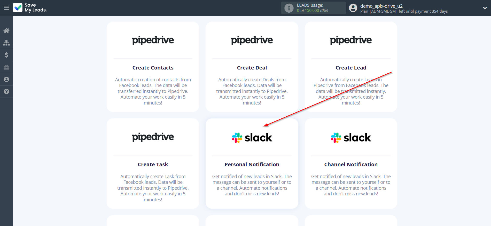 How to Connect Facebook with Slack Personal Notification | Data Destination system selection