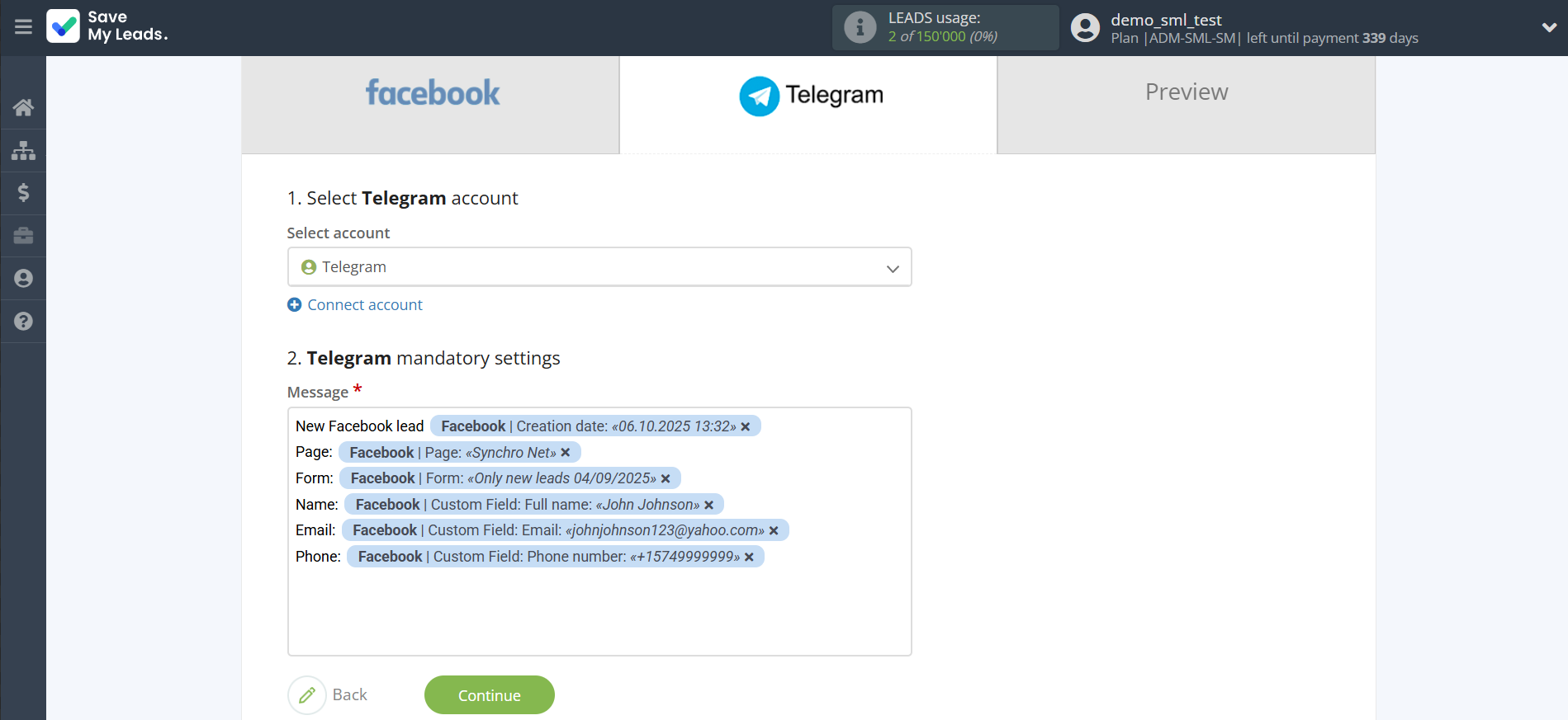 How to Connect Facebook with Telegram | Assigning fields