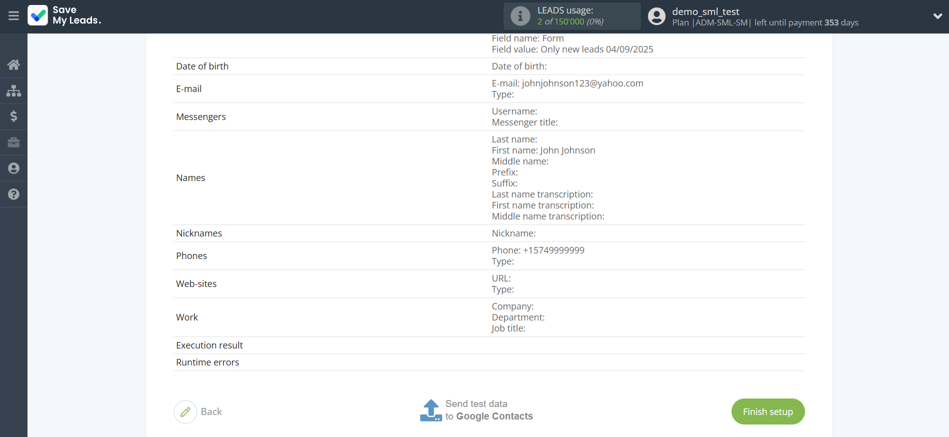 How to Connect Facebook with Google Contacts | Test data