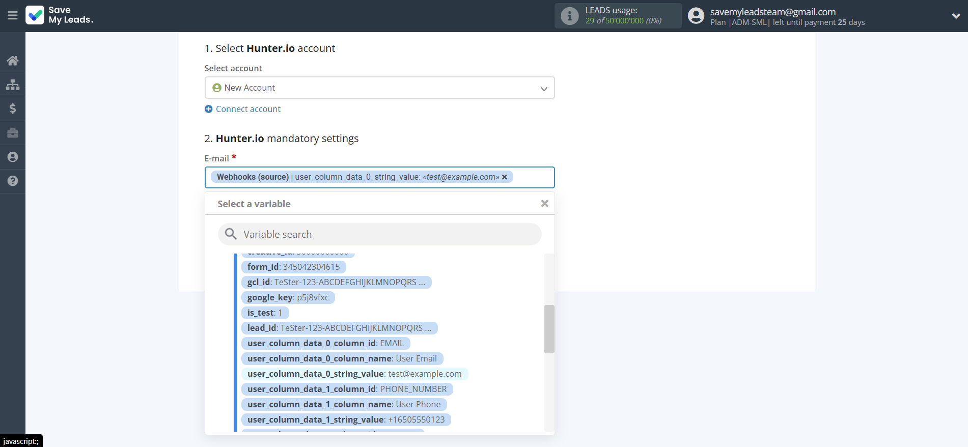 How to Connect Webhooks with Hunter.io | Assigning fields