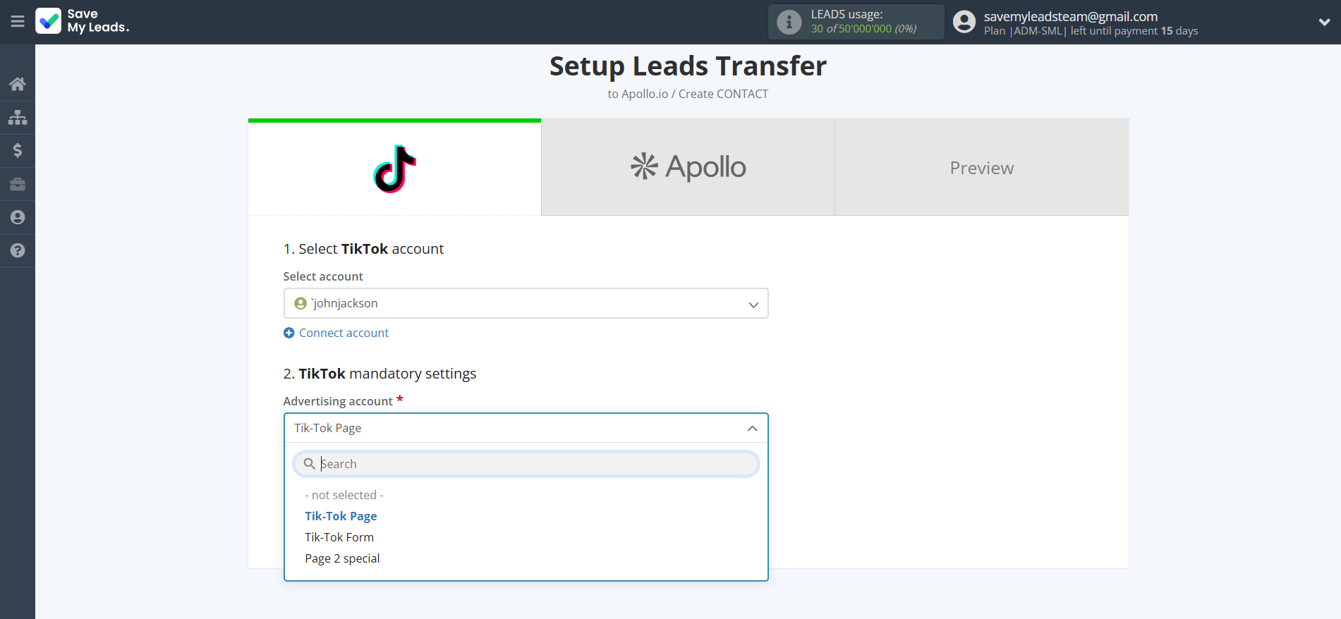 How to Connect TikTok with Apollo.io Create Contacts | Data Source account connection