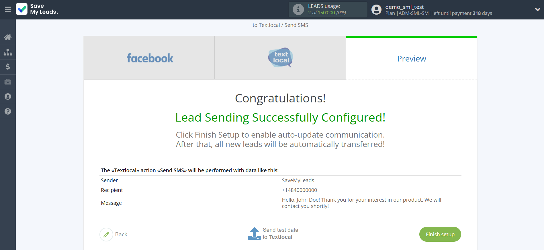How to Connect Facebook with Textlocal | Test data