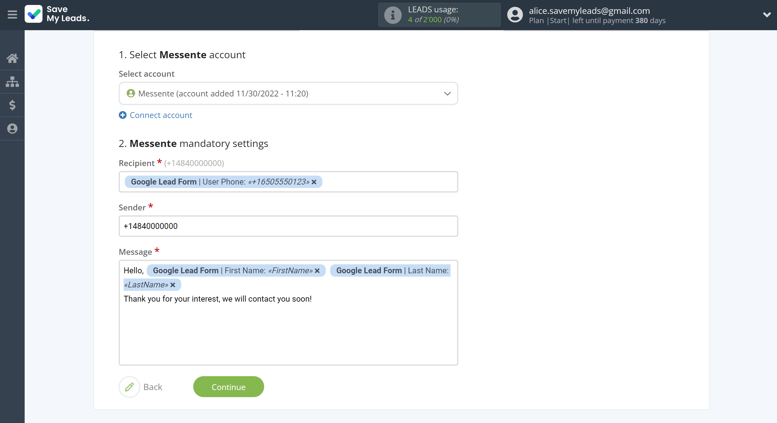 How to Connect Google Lead Form with Messente | Assigning fields
