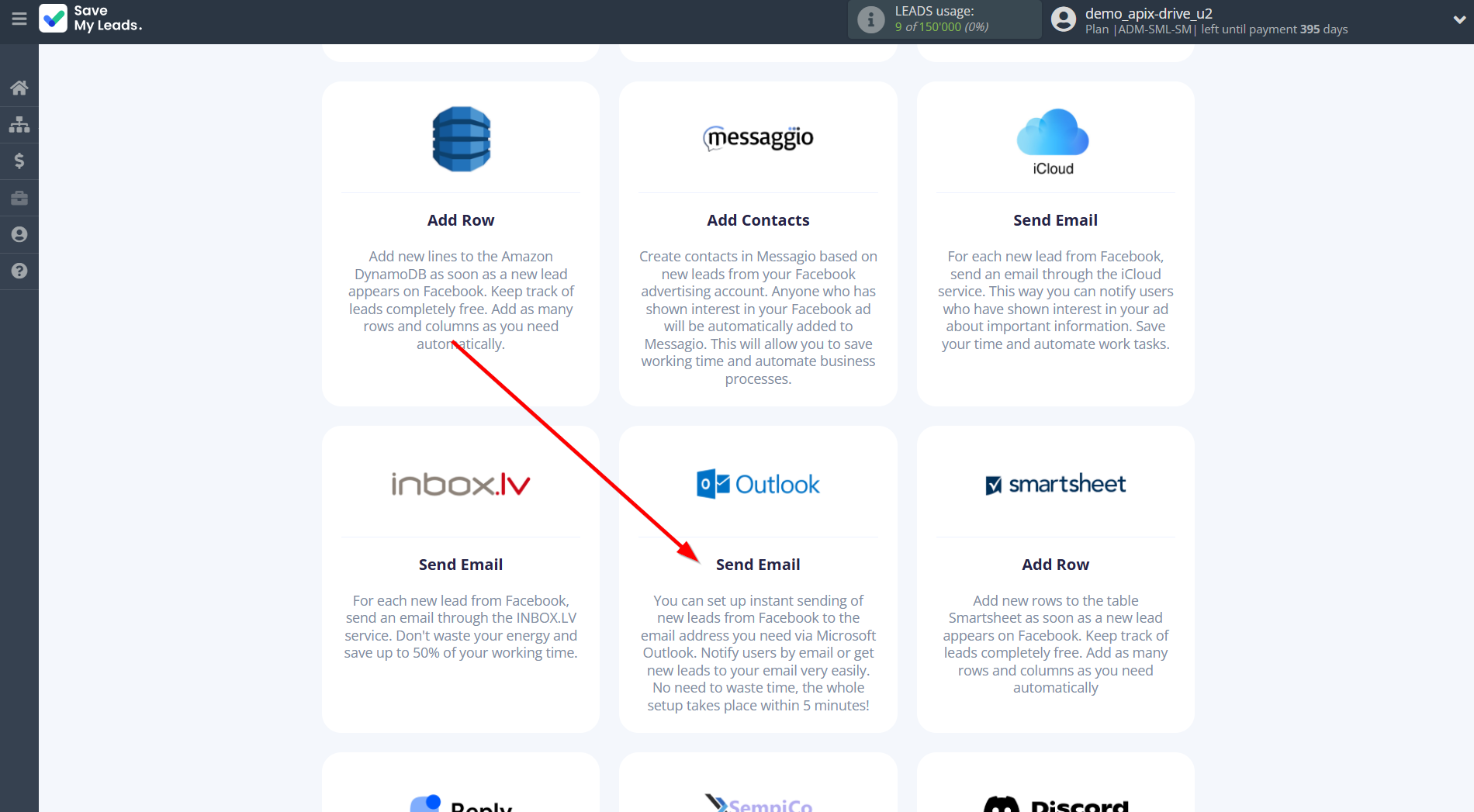 How to Connect Facebook with Microsoft Outlook | Data Destination system selection