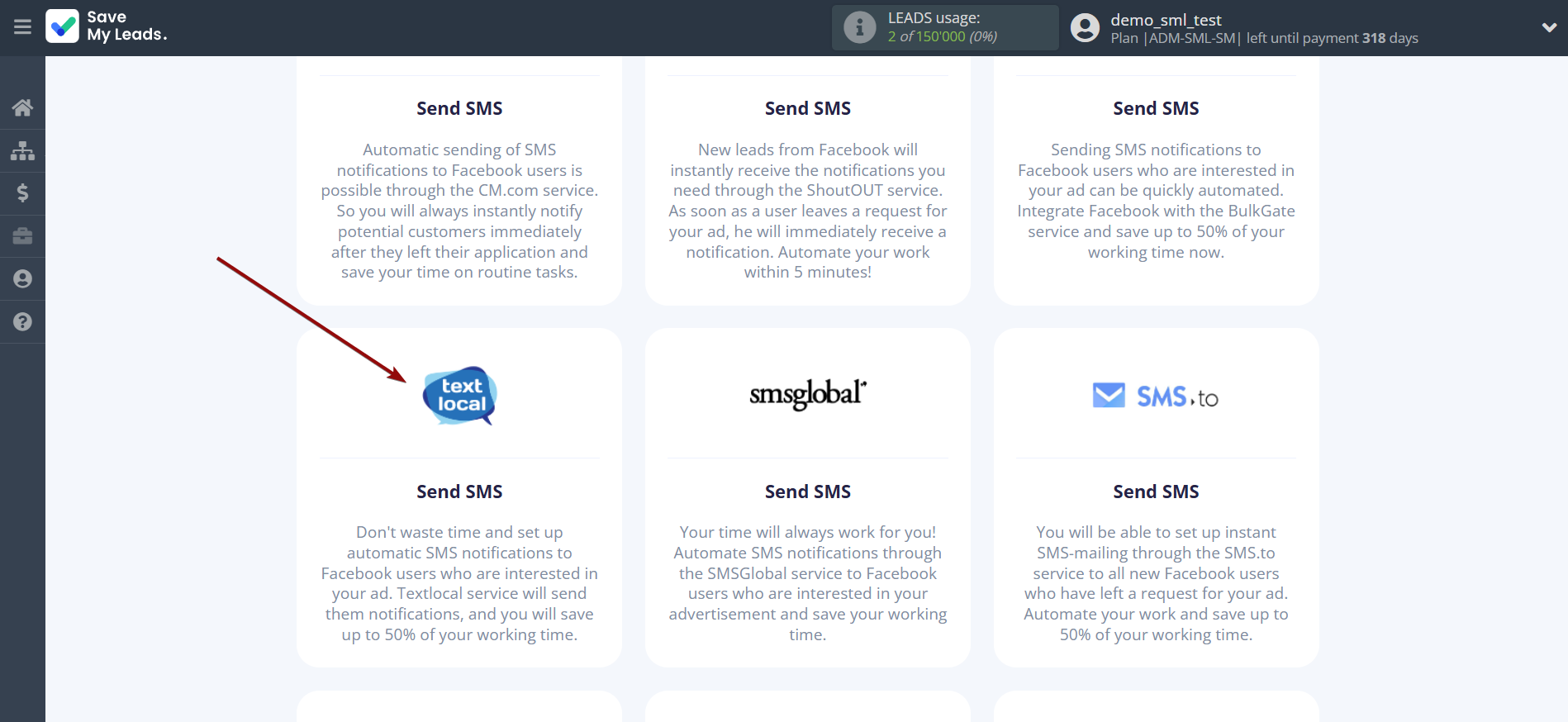 How to Connect Facebook with Textlocal | Data Destination system selection