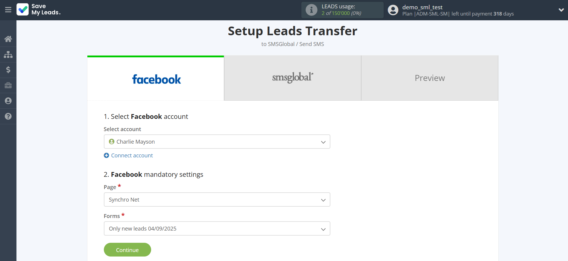 How to Connect Facebook with SMSGlobal | Data Source account connection