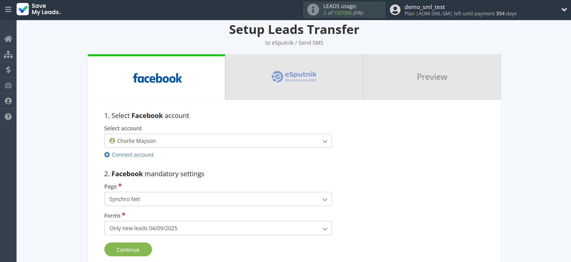 How to Connect Facebook with eSputnik Send SMS | Data Source account connection