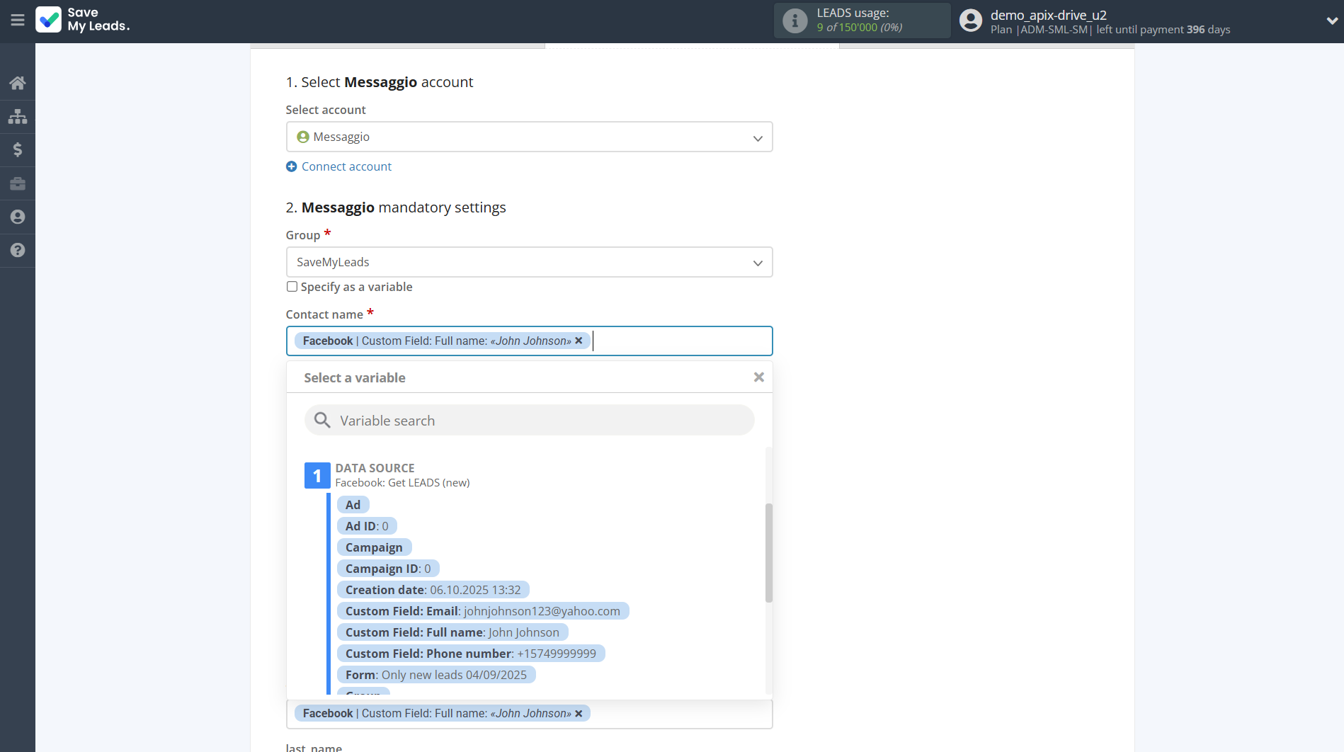 How to Connect Facebook with Messaggio | Assigning fields