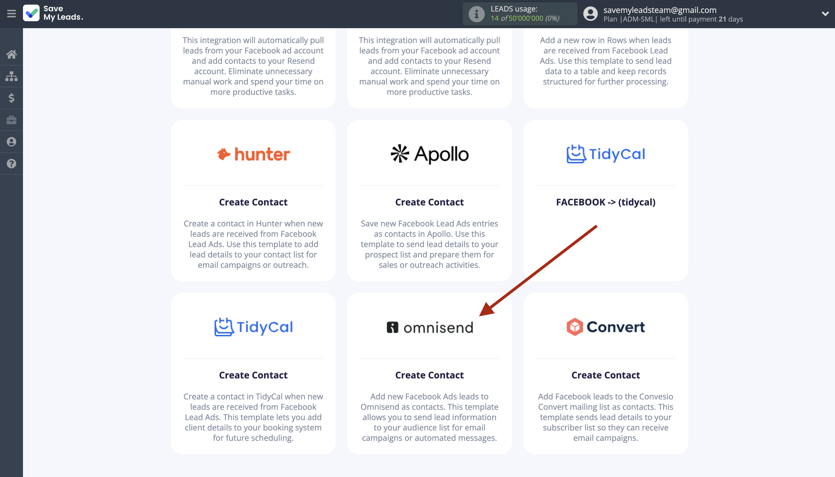 How to Connect Facebook with Omnisend Create Contact | Data Destination system selection